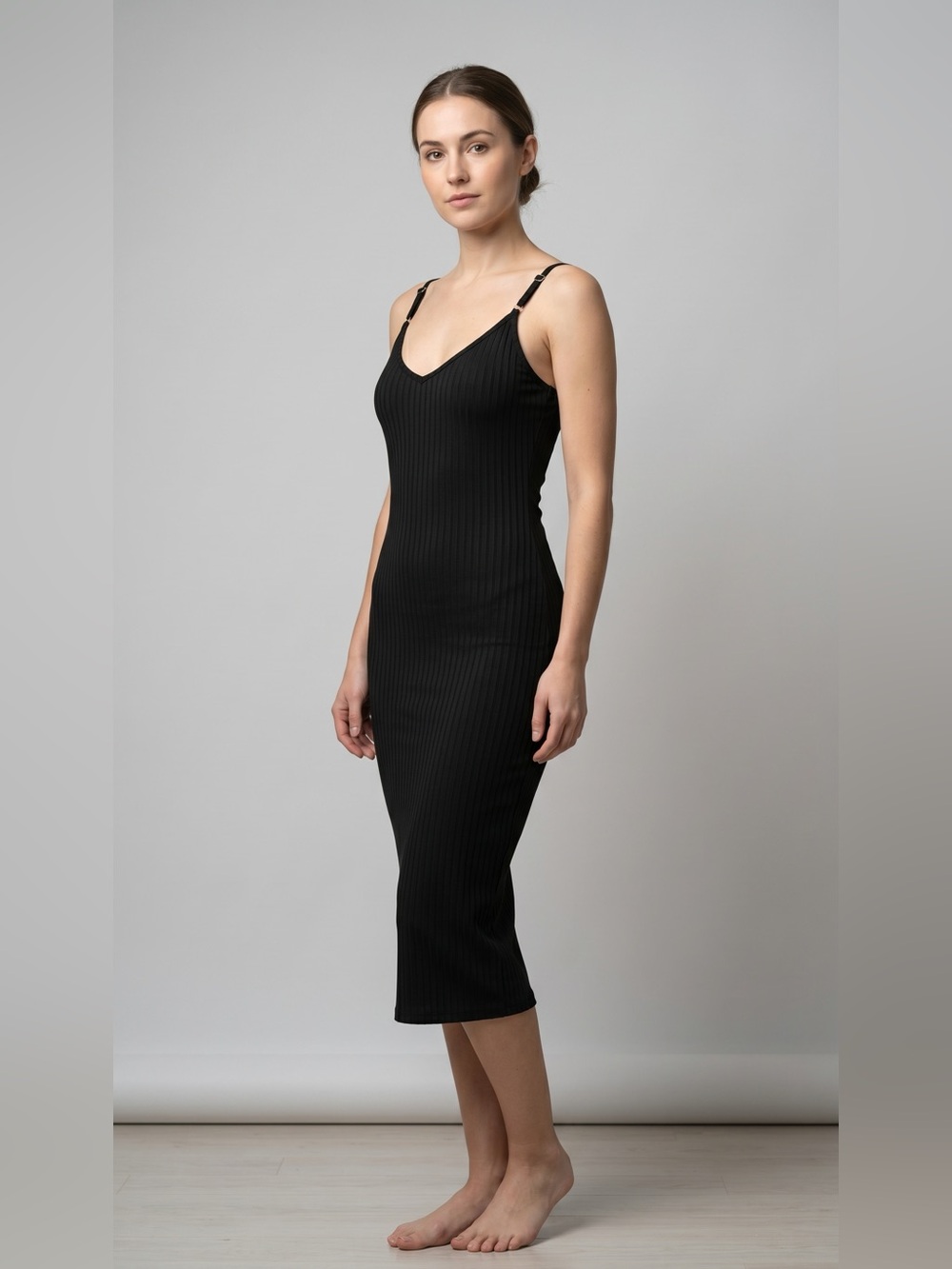 Black Ribbed V-Neck Slip Dress